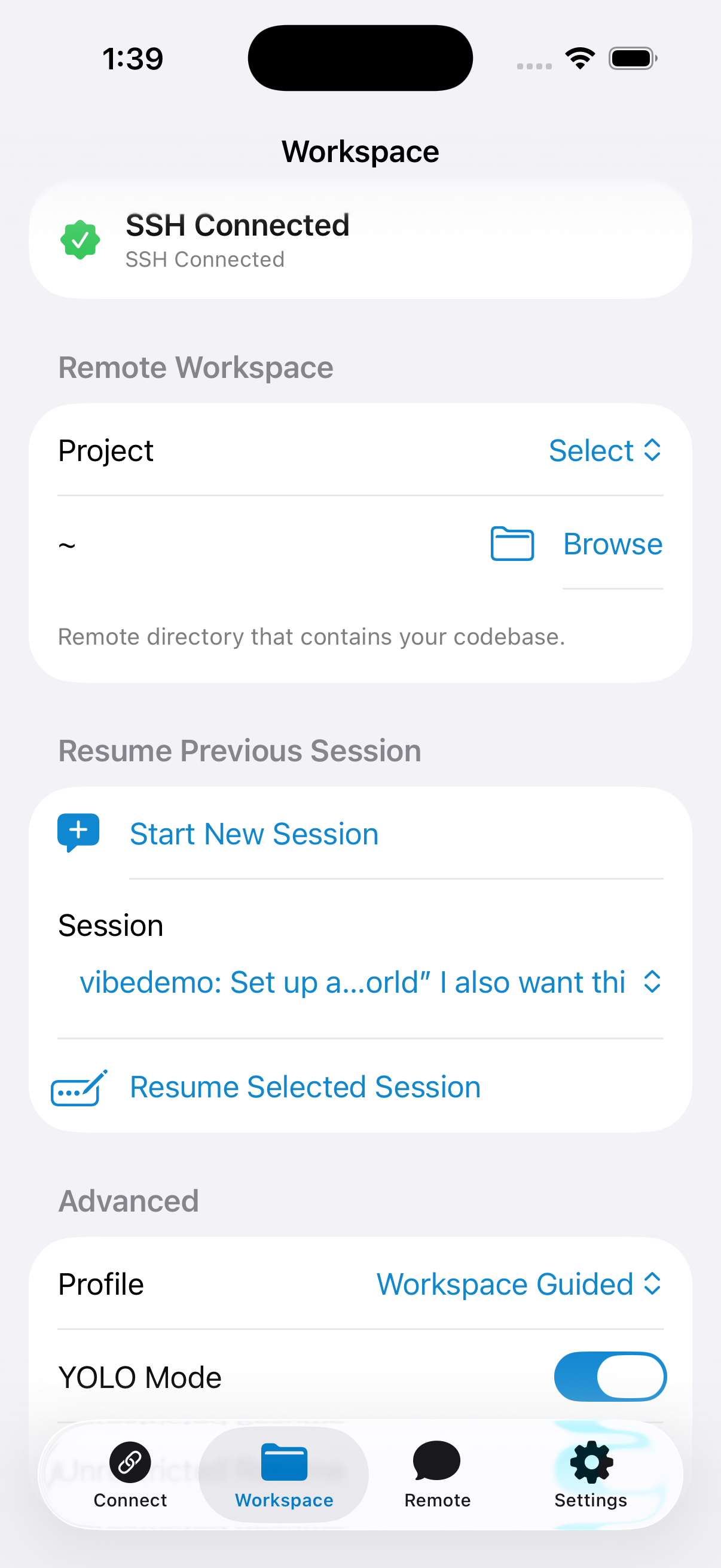 Workspace tab with project selection and session resume controls